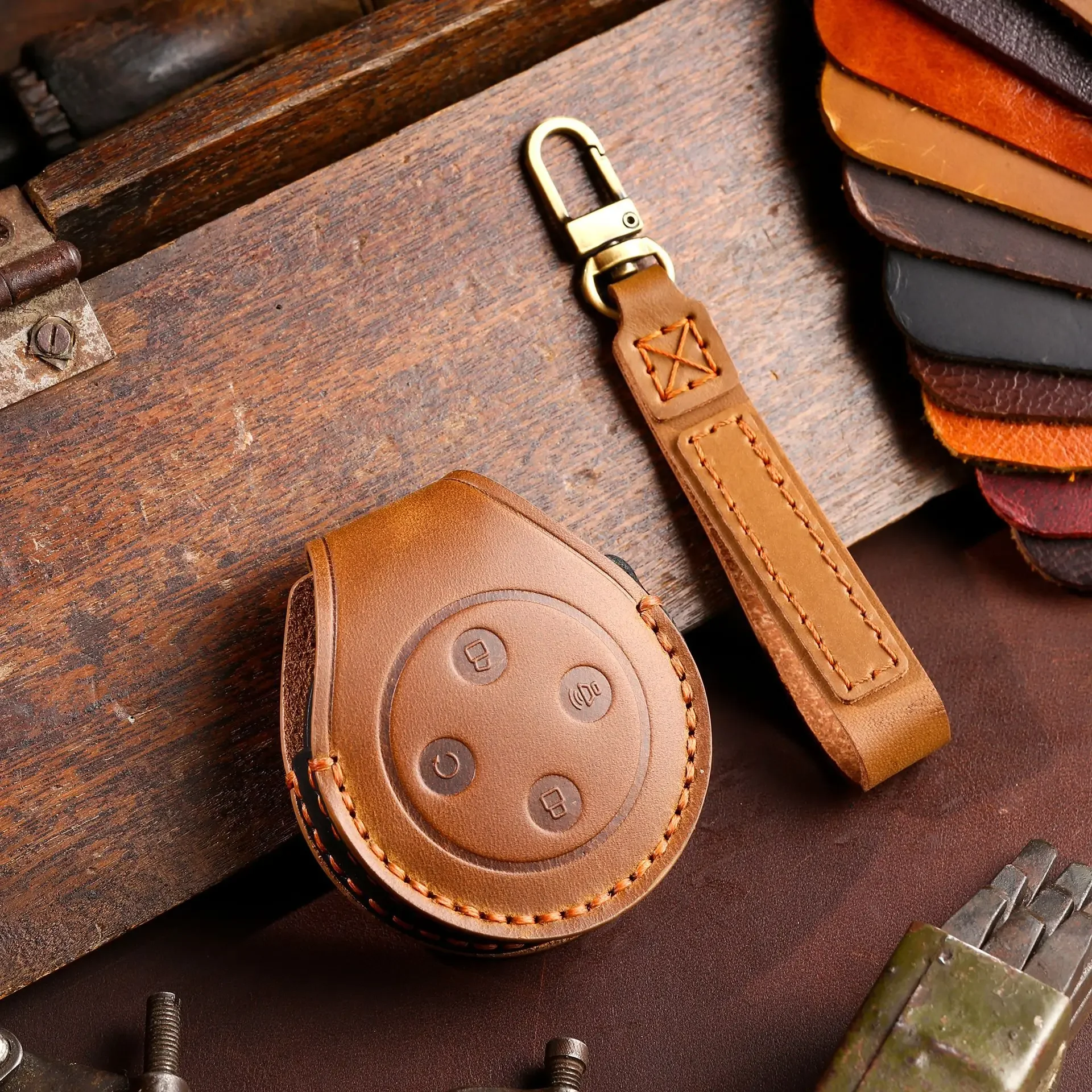 

1pc 4 Bottons Leather Car Key Case Cover Keychain For 2023 Poer Great Wall GWM Car Accessories