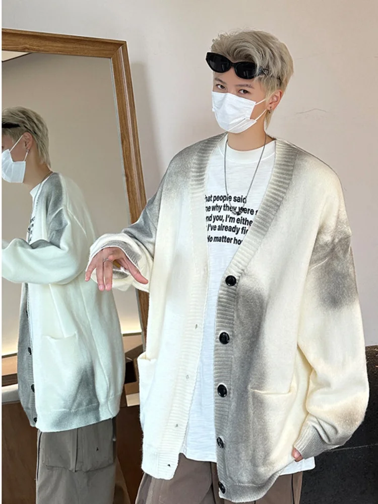 

Мужской свитер в американском ретро-стиле с эффектом тай-дай, вязаный, свободного кроя, с V-образным вырезом, длинными рукавами, для подростков, осень-зима