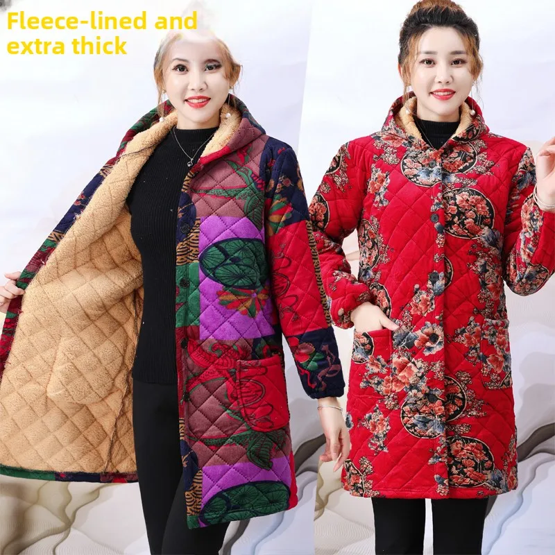 

Warm Fleece Lined Thickened Cotton Jacket Midi Length for Mom Autumn Winter Fashion Floral Print Coat Stylish Mid-Aged Women