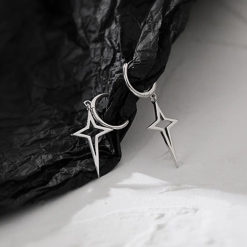 Punk Metal Hollow Star Dangle Earrings for Women Silver Color Vintage Cross Drop Earrings Trendy Statement Loop Jewelry Gift