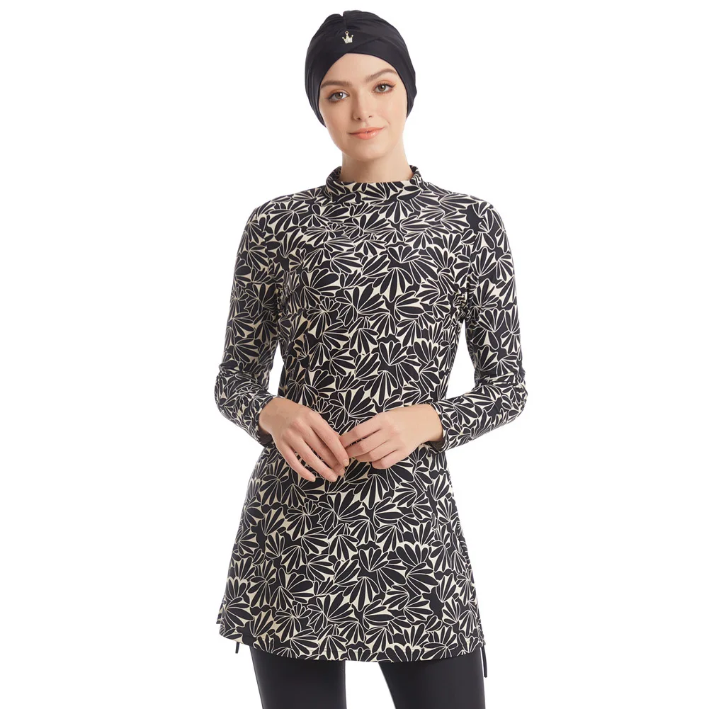 3 Pcs Black White Abstract Leaf Print Long Sleeve Modest Burkini Swimsuit Tunic Full Length Leggings Hijab IslamicBathing Suit