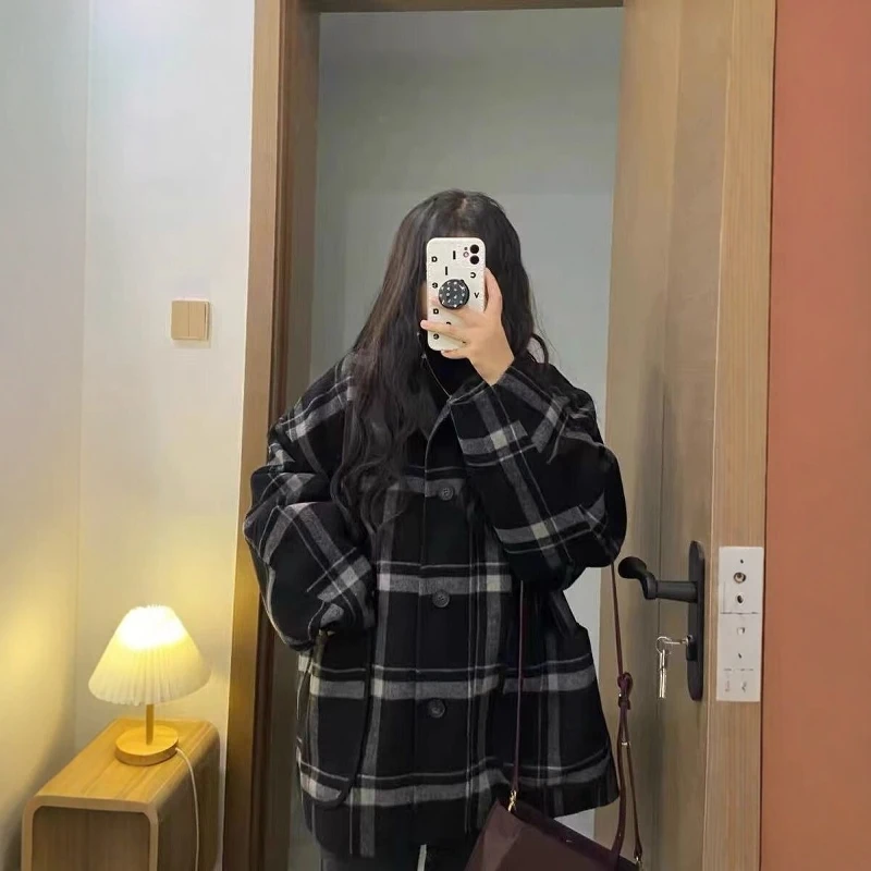 

plus Size 300 Pou Bla Plaid Woolen Coat Men's Faion Autumn Winter American Retro Cool Couple Outerwear Long Sve Coat