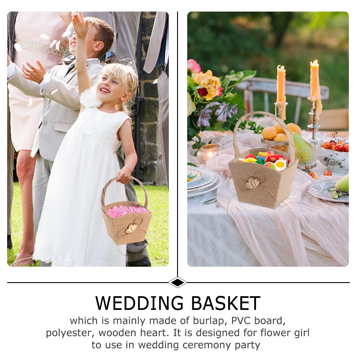 Natural Burlap Wedding Flower Girl Basket 9X7.5Cm Wooden Heart Decor Vintage Style Party Fertility Blessing Basket