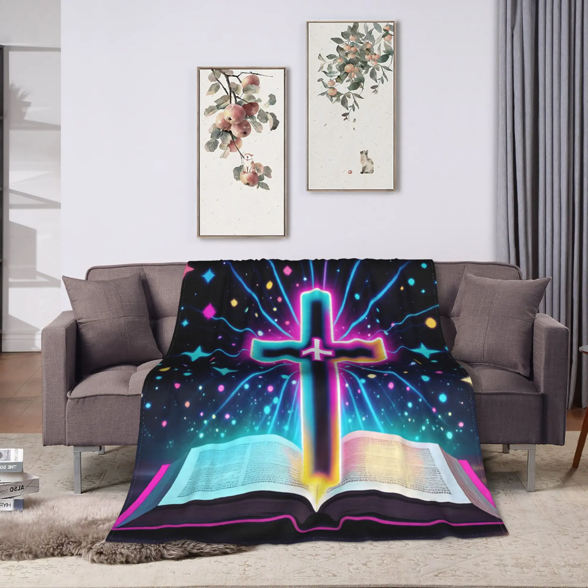 Neon Glow Cross Open Bible Colorful Star Burst Christian Graphic Blankets Adults Girls  Flannel Bedding Throws Soft Bedspread