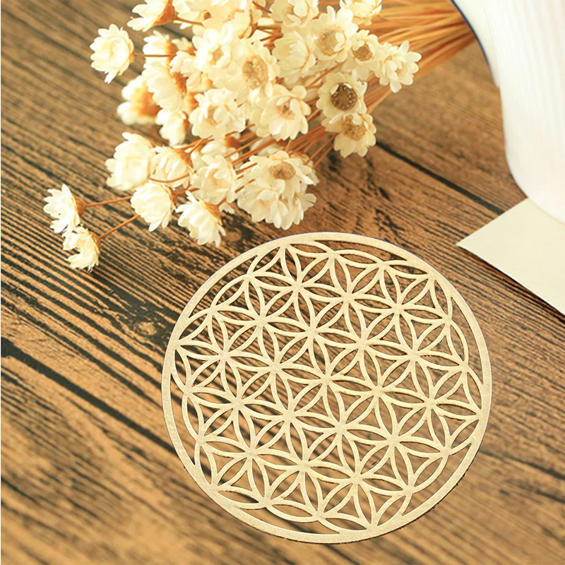 1PC Chakra Flower Of Life Natural Symbol Kinds Wood Round Edge Circles Carved Coaster For Stone Crystal Set DIY Decor