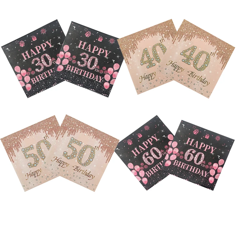 30th 40th 50th 60th Birthday Decor Rose Gold black Napkins Adult Men Ladies Happy Birthday Party Anniversary Decor Napkin