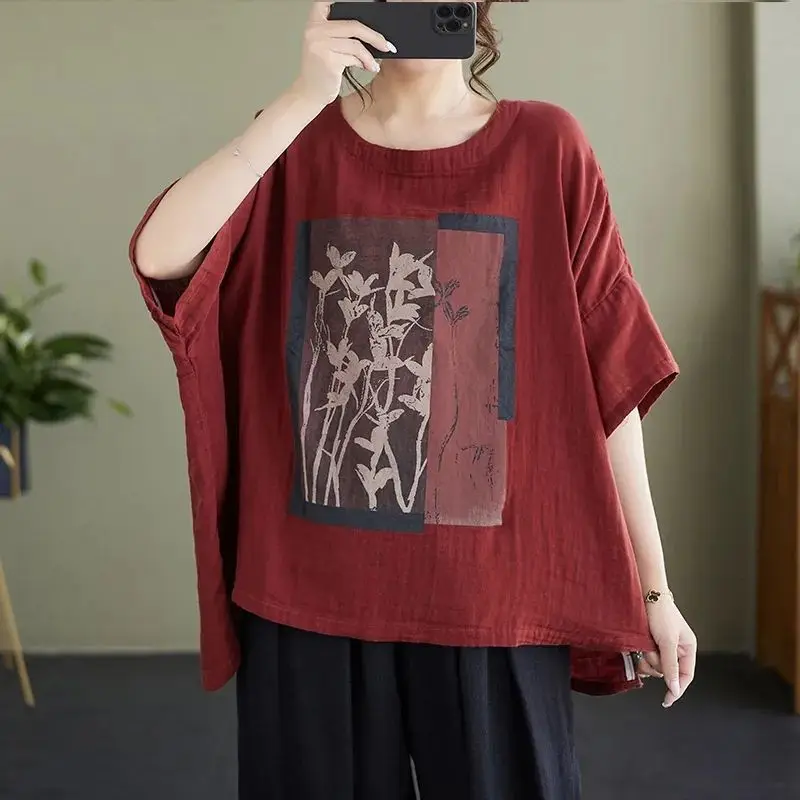 

Summer Short Sleeved Large Size Loose Printing Affordable All-match Comfortable Bat Sleeve T-shirt Harajuku Round Neck Lady