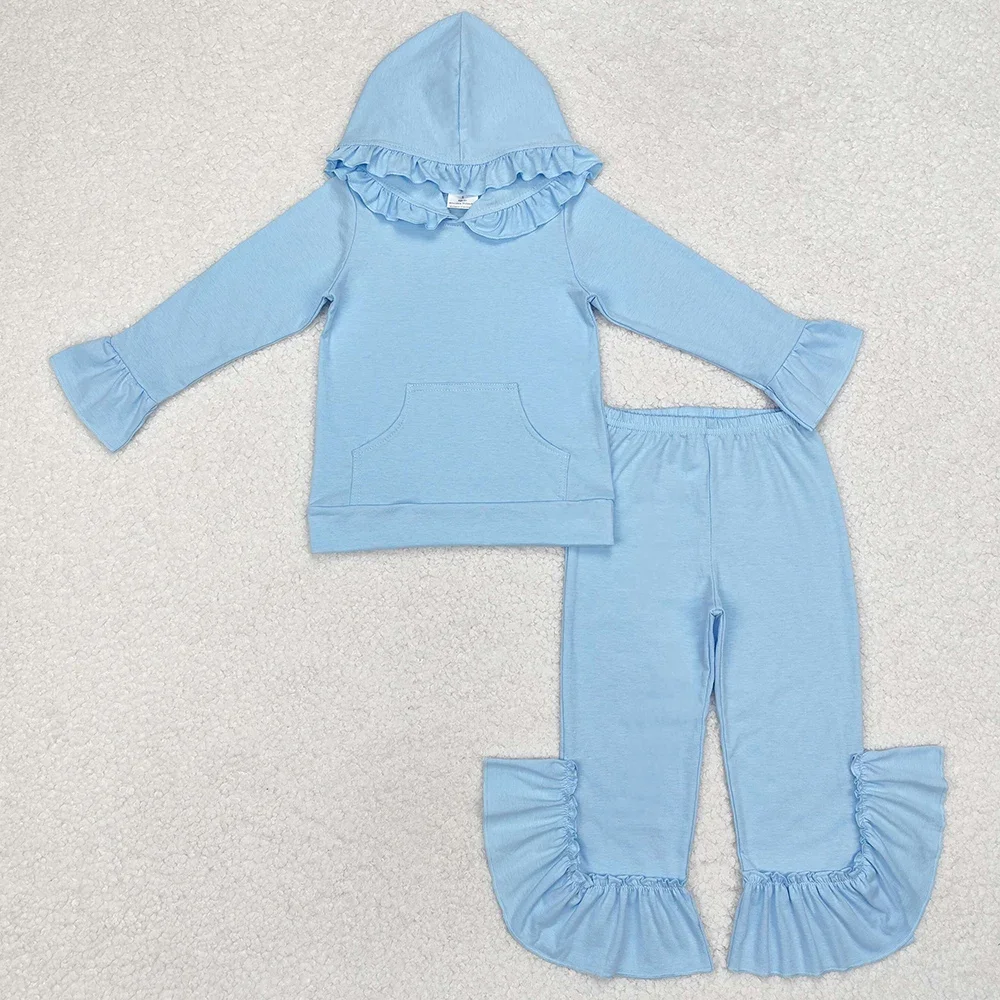 

Hot Sale Baby Girls Clothes Light Blue Hooded Ruffle Top Bell Pants Sets Boutique Kids Children Clothing Girls Hoddies Outfits