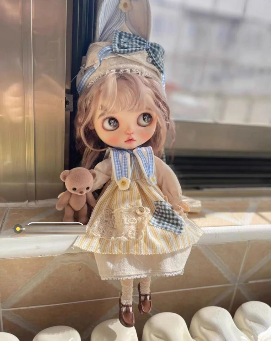 4pcs Forest style clothes blythe doll outfit Long skirt/striped vest skirt/small collar/rabbit hat(Fit for Pullip,Ob22/24/26)