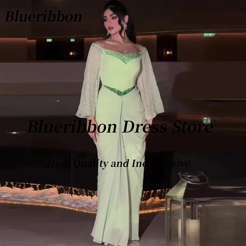 Blueribbon Hot Drill Prom Dresses Dubai Women Wear Long Sleeves Evening Dress Ruched Chiffon Celebrity Party Wedding Gowns