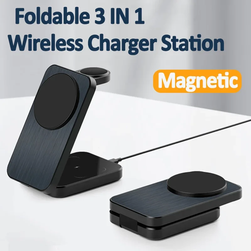 3 in 1 Magnetic Wireless Charger Pad Stand for iPhone 15 14 13 12 For Apple Watch 8 7 6 Airpods Foldable Fast Charging Station