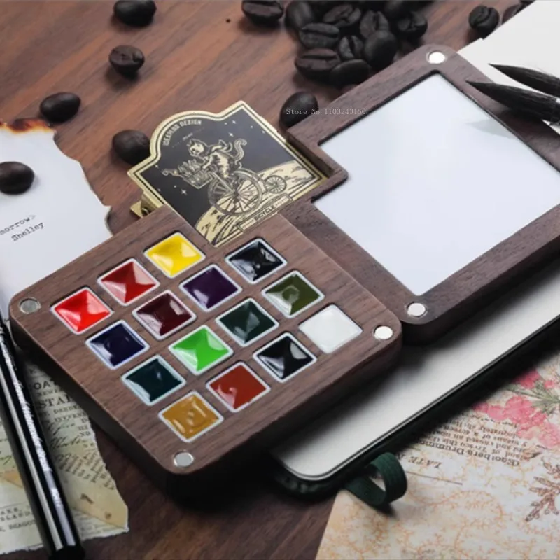 15grid Wooden Watercolor Paint Solid Subpackage Empty Box Art Supplies Portable Student Outdoor Painting Watercolor Palette Box