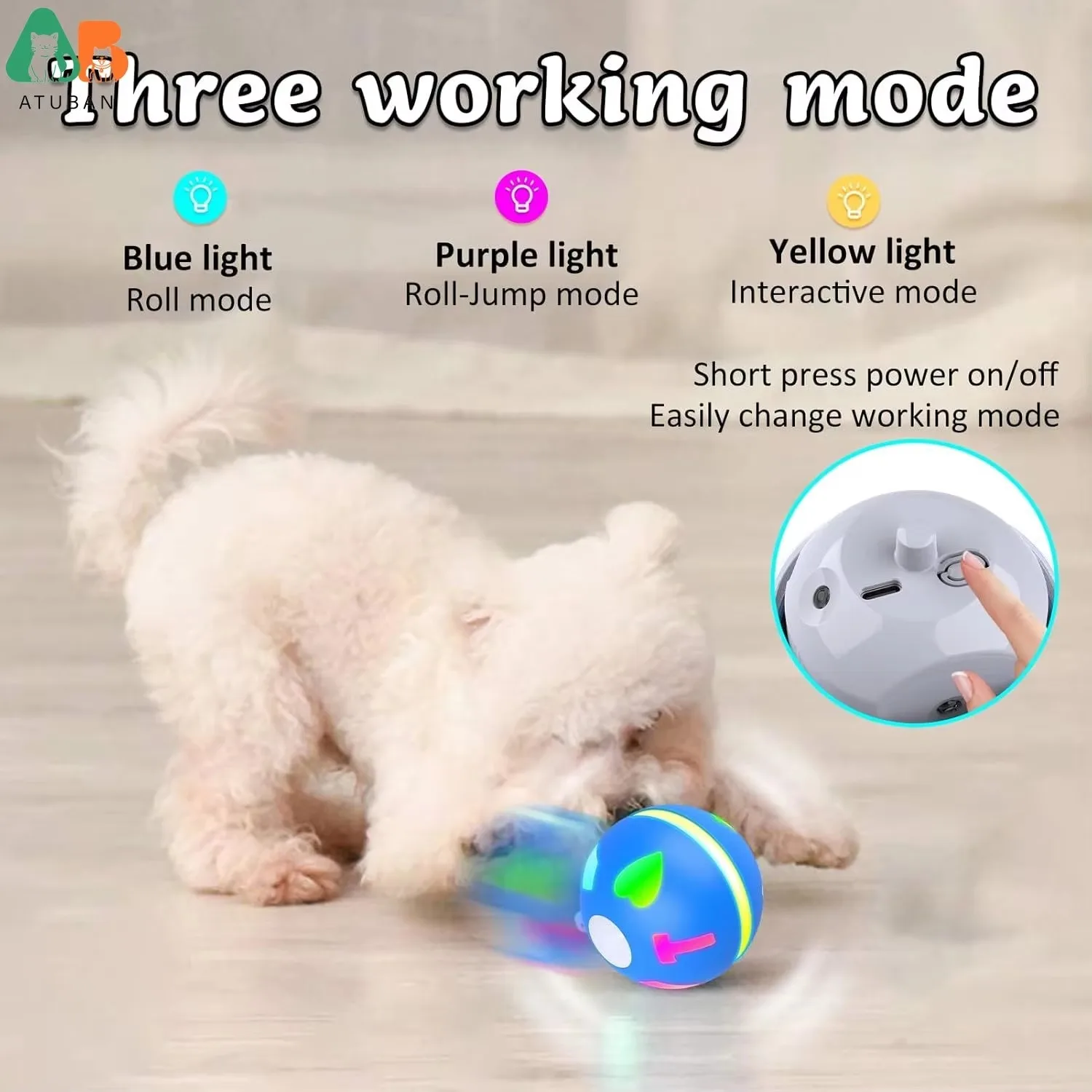 ATUBAN Interactive Dog Toys/Cats Balls with Motion Activated/USB Rechargeable, Electric Dog Smart Ball for Medium Small Puppy