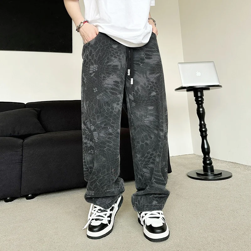 

Loose American Style Embroidered Long Pants Straight Leg Casual Sports Jeans Cotton Blend mid Waist Spring Youth Fashion