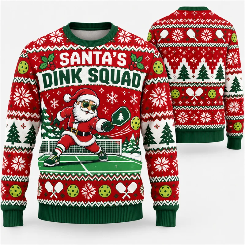 Christmas Pickleball Sweatshirt Men Santa Reindeer Snowman Gingerbread Ugly Xmas Crewneck Pullover Holiday Sports Party Gift Top
