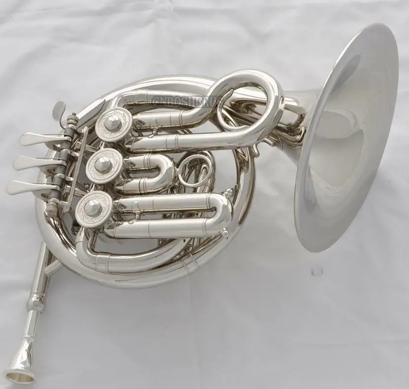 Hot sale TOP Silver Nickel Plated Piccolo MiNi French Horn Bb Key Engraving Bell NEW Case