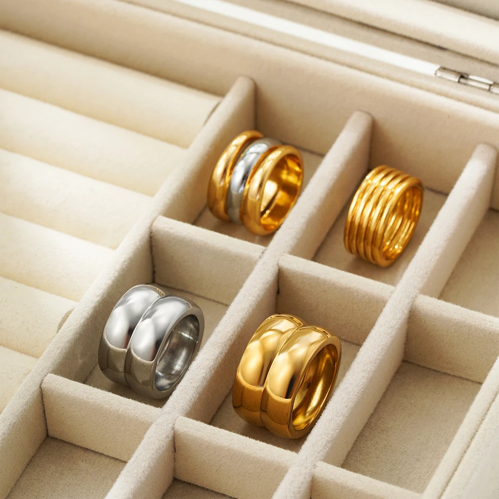Mode Multilayer Gladde Cirkel Chunky Ringen voor Vrouwen Vintage Gemengde Kleur Goud & Verzilverd
