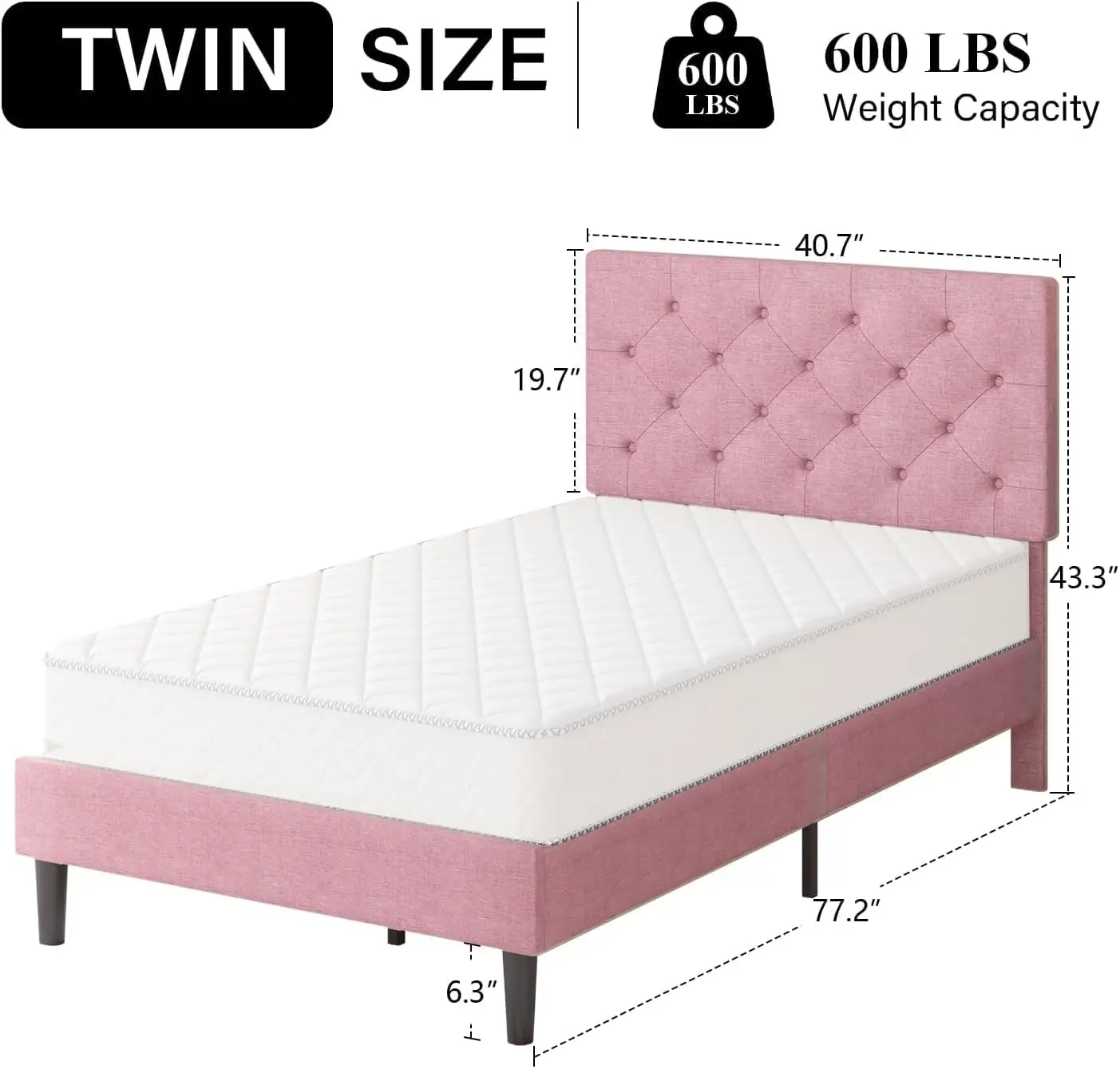 Twin Size Bed Frame, Linen Fabric Upholstered Twin Bed Frames with Headboard, Pink Twin Bed Frame with Wood Slats, Button