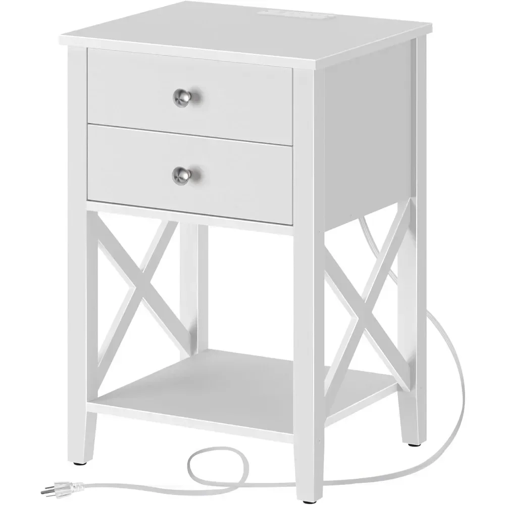 Bedside Table with Charging Station, Bedside Table with 2 Drawers, 2 AC and USB Power Sockets, Accent Bedside Table