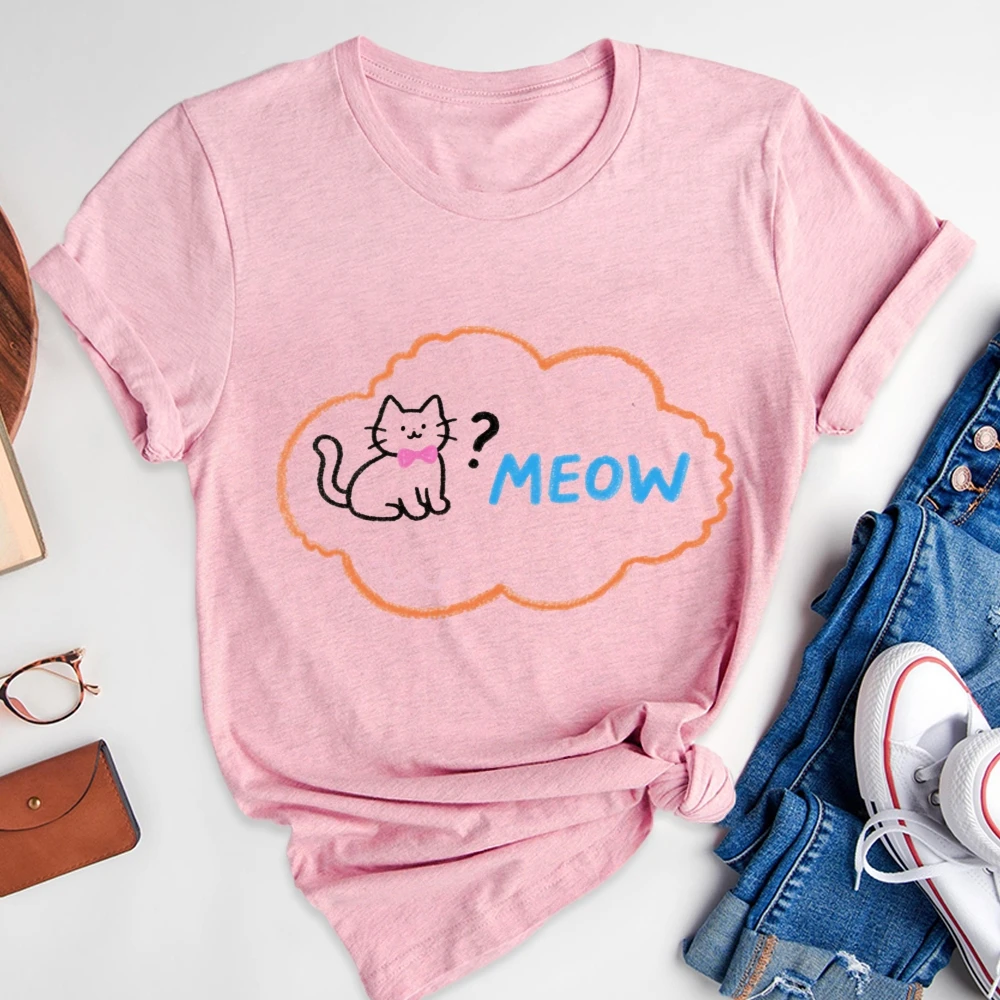 

Cute Cat MEOW Graphic T-Shirt Pink Tee with Cartoon Cat in Orange Cloud Bow Detail Fun Casual Style for Cat Lovers