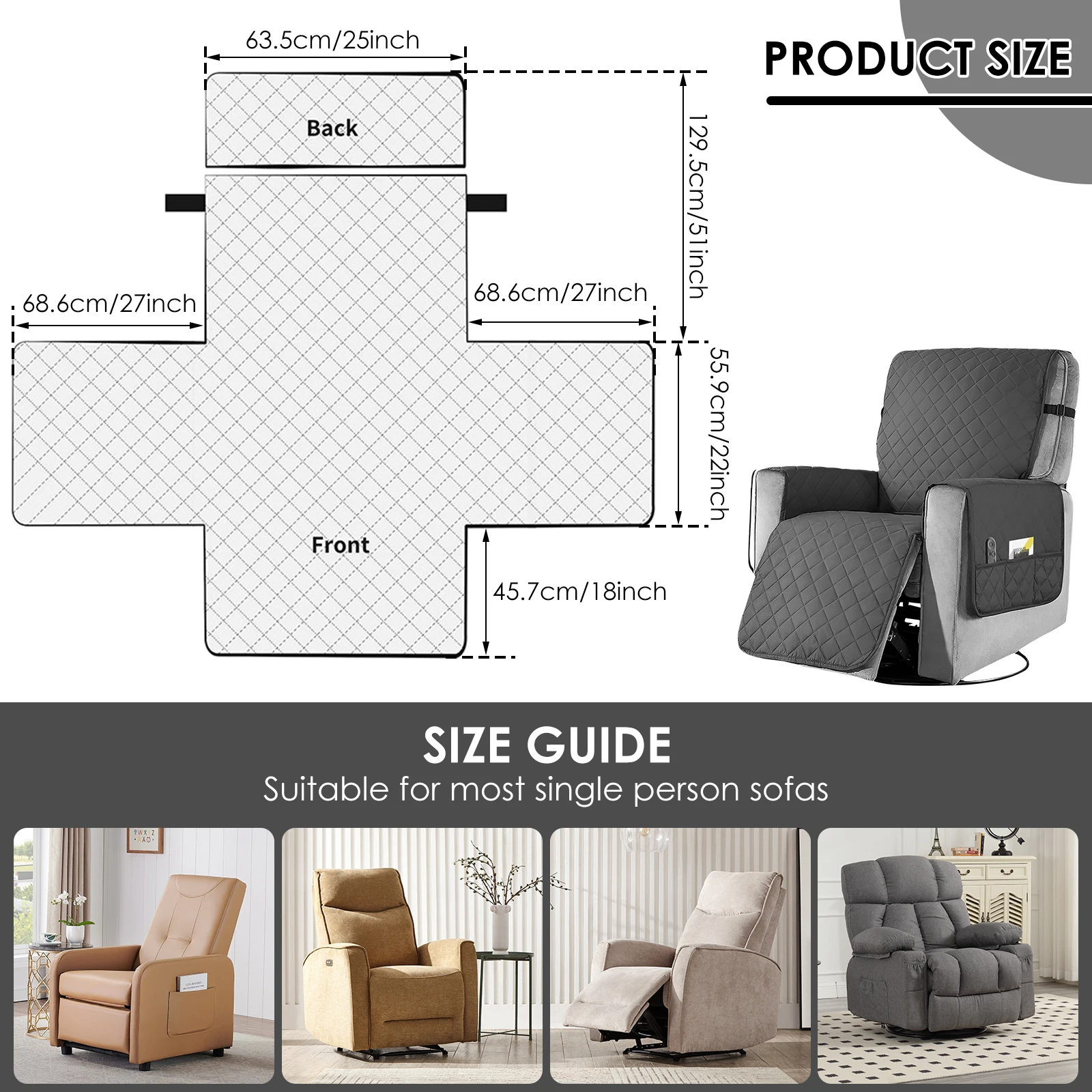 Anti-slip Recliner Chair Cover Waterproof Armchair Slipcovers Lazy Coushion With Pocket Elastic Strap Living Room Home view 5