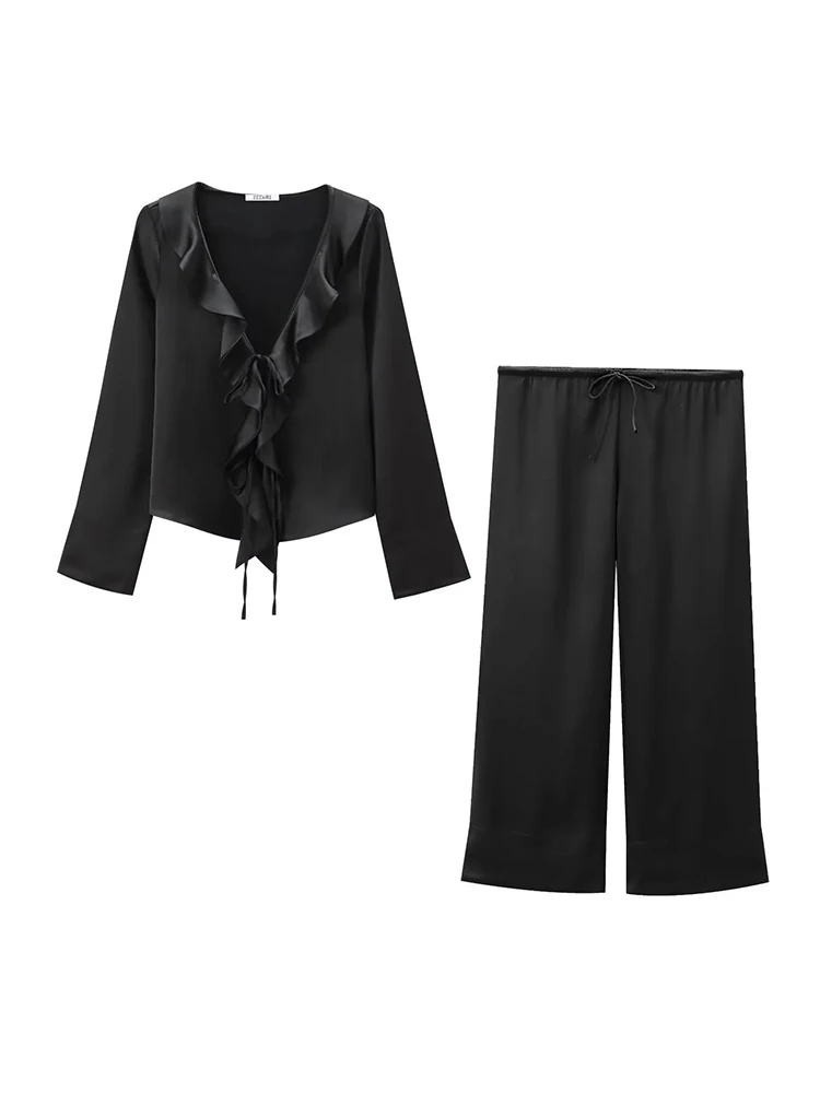 

Women Black Satin Matching Pant Set Long Sleeve Ruffles V-neck Shirt And Pants