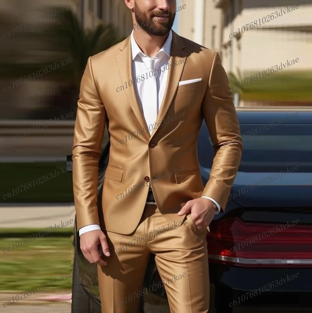 

New Gold Satin Formal Occasions Business Men Suit Groom Groomsman Wedding Party Prom Male 2 Piece Set Tuxedos Blazer Pants