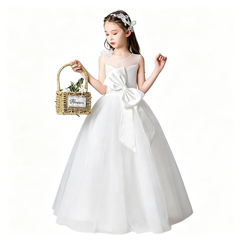 Girls Elegant Pageant Wedding Bridesmaid Dress Sleeveless Tulle Front Bow Princess Kids Evening Prom Formal Occasion Ball Gown