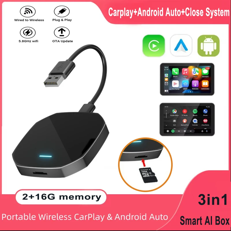 3 in 1 Wireless Carplay&Android Auto Adapter Car Intelligent System AI Box WIFI TF Card For Car Radio with Wired CarPlay