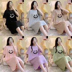 Summer Ladies Nightgowns New Homewear Short-Sleeved Nightgowns Nightgowns Women Summer Casual Large Size Loose Smiley Homewear