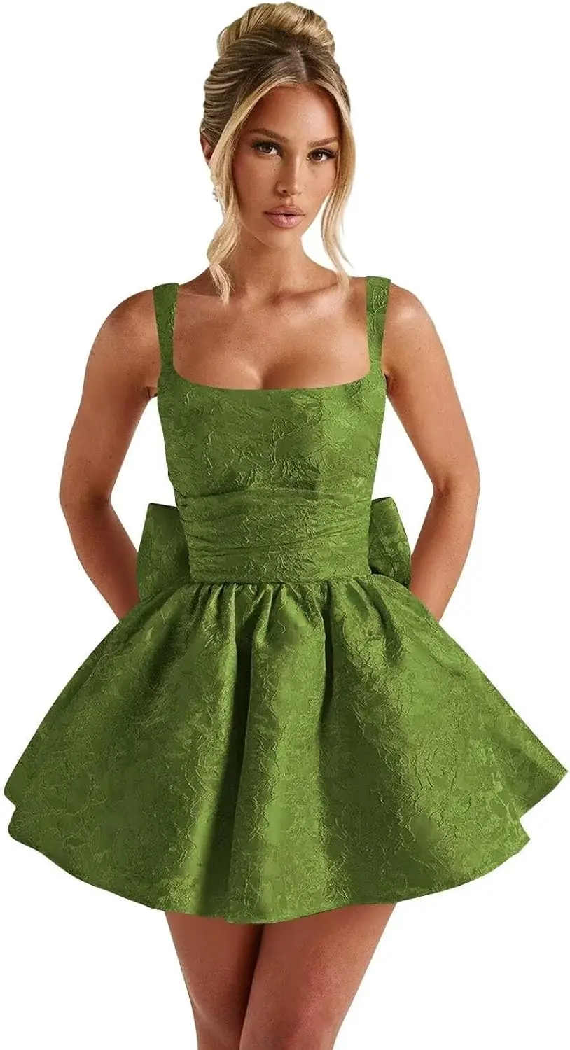 

Satin Homecoming Dresses 2025 Embroidery Short Prom Dress Spaghetti Strap Cocktail Party Dress with Bow Evening Dresses