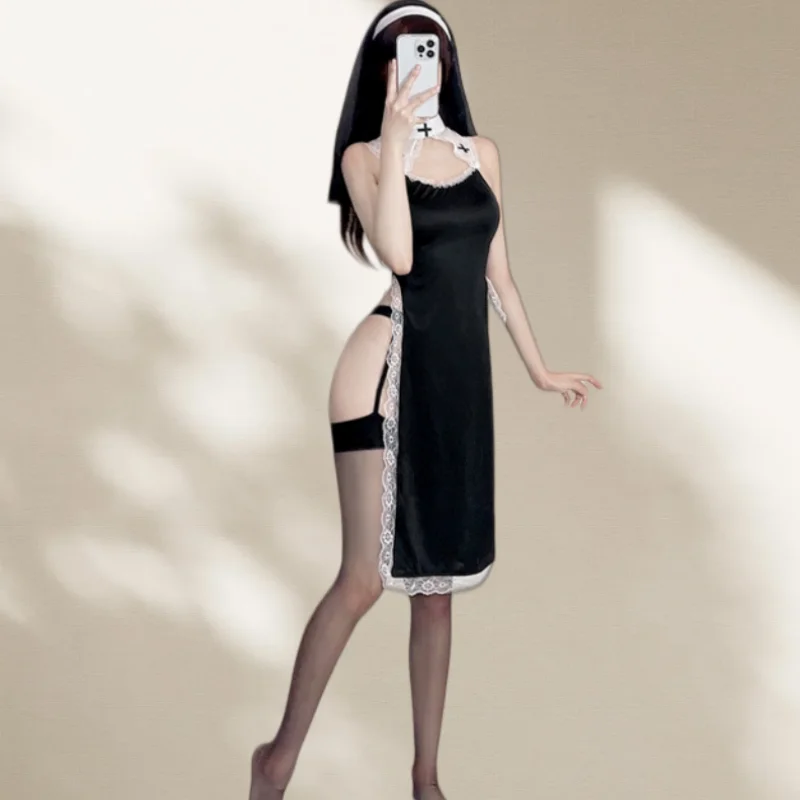 Sexy Lingerie High Waist Lace Role-playing Hollowed Out Uniform Home Decor No Need To Take Off Slit Tempting Crisscross Straps view 4