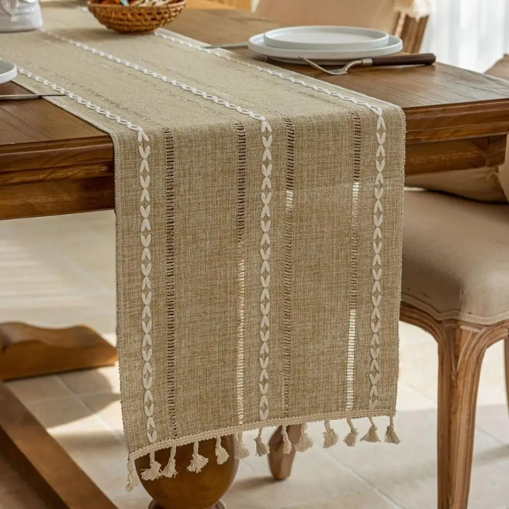 Rustic Cotton Linen Table Cloth, Seasonal Embroidered Hollow For Kitchen Table Mat Home Tea Ceremony Tablecloth