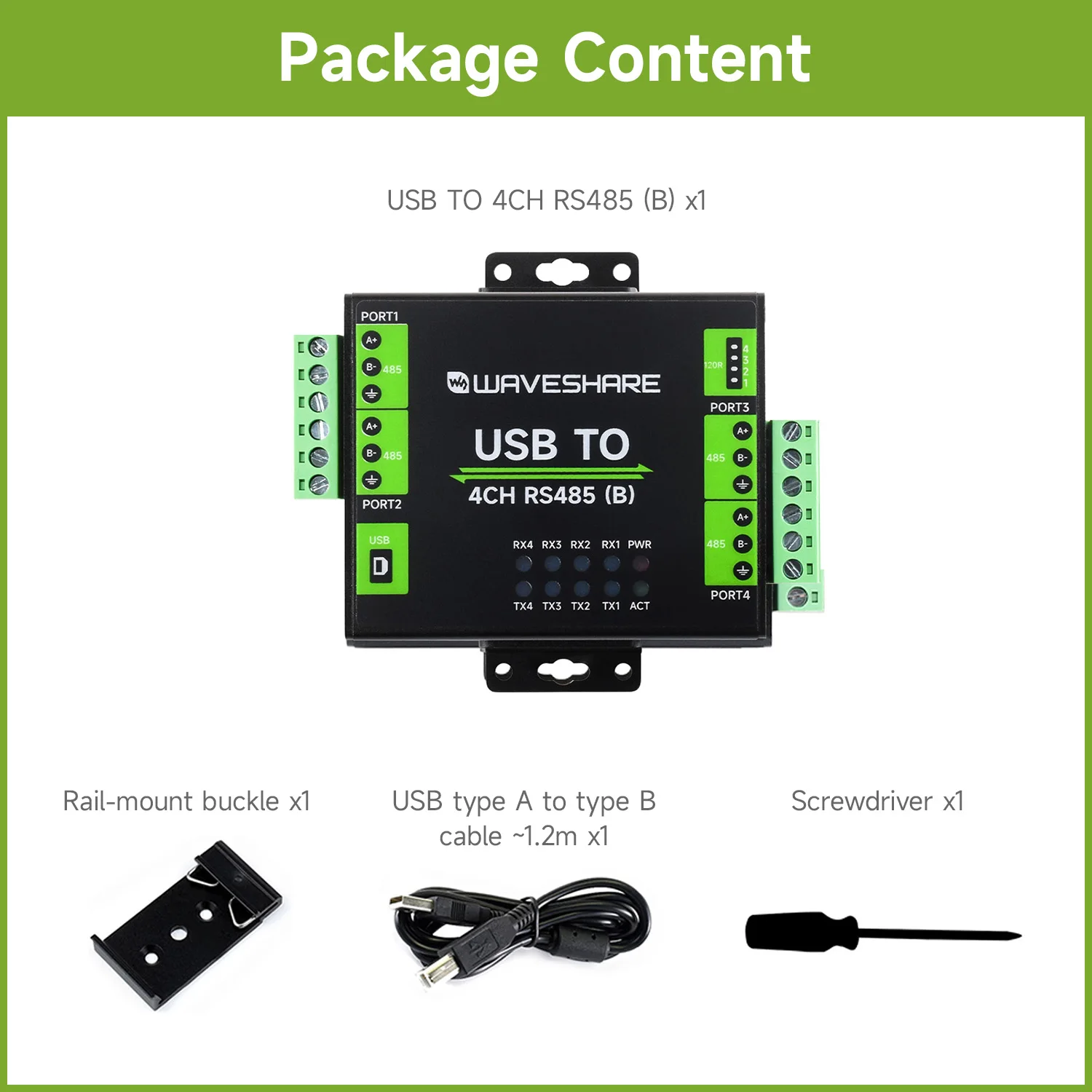 

Waveshare Industrial Isolated USB To 4-Ch RS485 Converter (B), CH344L Chip, Multi Protection Circuits, Multi Systems Support