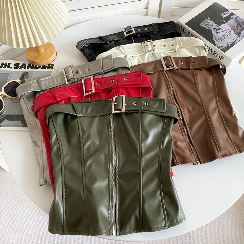 Leisure Party Essential Top Women's Sexy Pu Leather Zipper Motorcycle Style Cool Short Vest Backless Sleeveless top
