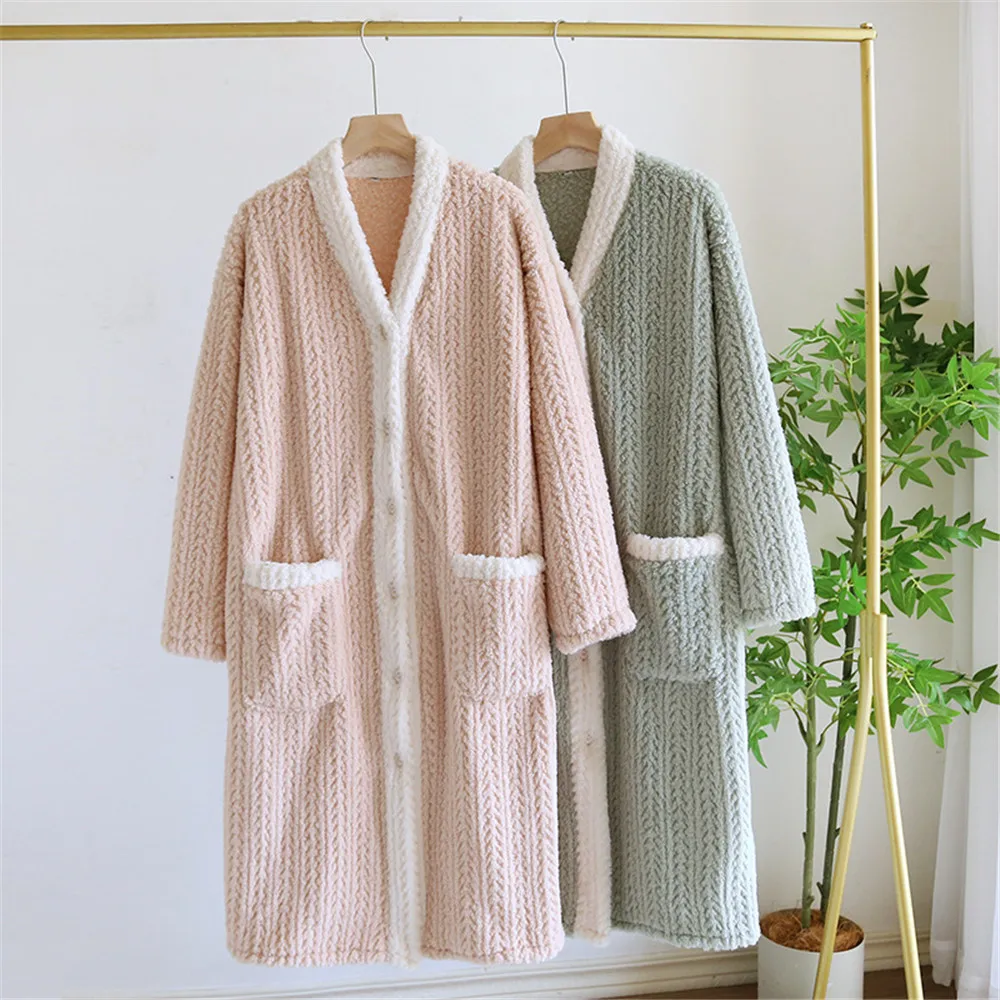 Autumn Winter Solid Color Nightgown Flannel Robe Women's Coral Velvet Simple Pajamas Home Clothes