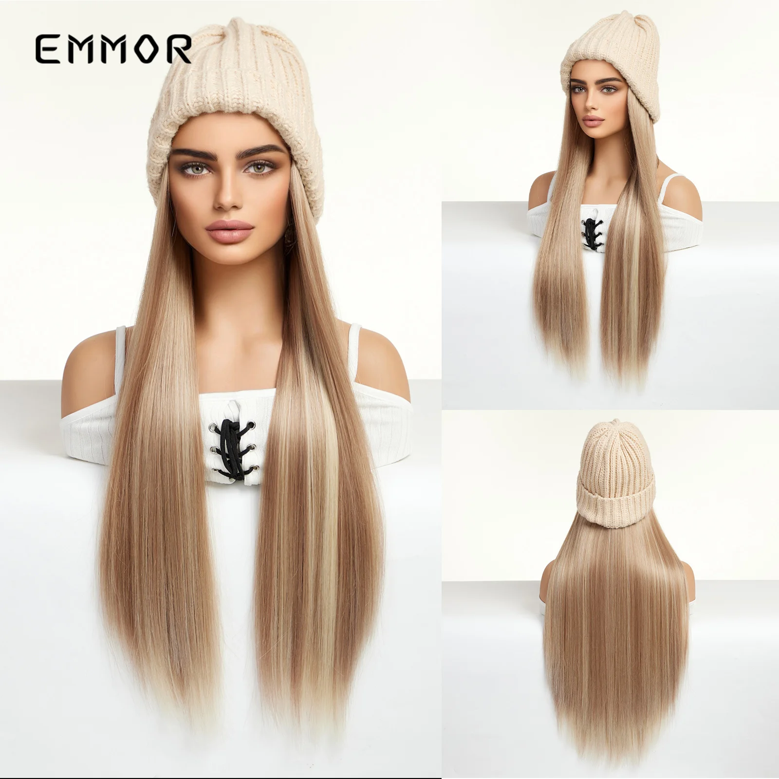 

Emmor Hat wigs Cap Blonde Wigs Connect Synthetic Wigs Hair for Women Daily Party Use High Resistant Hair