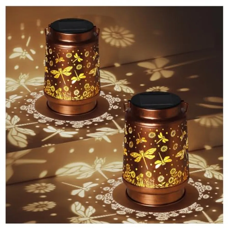 2 Pack Dragonfly Solar Lanterns Outdoor Waterproof Rose Garden Decor Gifts for Women Mom Grandma Hanging Solar Lights Metal Lan