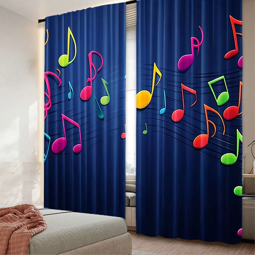 Colorful Music Note Curtain, 3D Melody Window Drape, Artistic Sound Wave Blackout Panel, Living Room Studio Home Decor