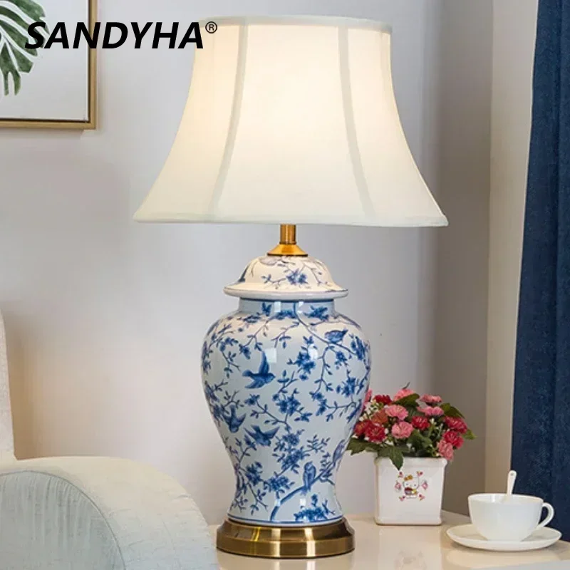 

SANDYHA Chinese Ceramic Table Lamp Bedroom Led Stand Light Study Night Lighting for Living Room Decor Home Pattern Fabric Design