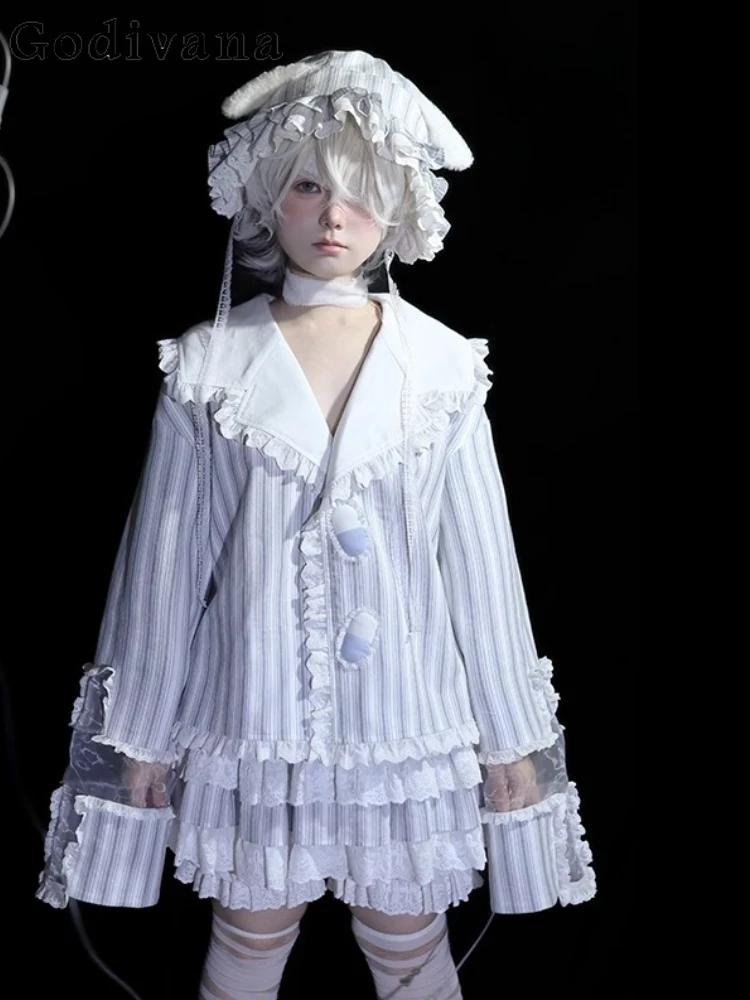 

Sweet Lolita Striped Turn-down Collar Long Sleeve Loose Age-reducing Pajamas Spring Autumn New Girl High Waist Cake Pantskirt