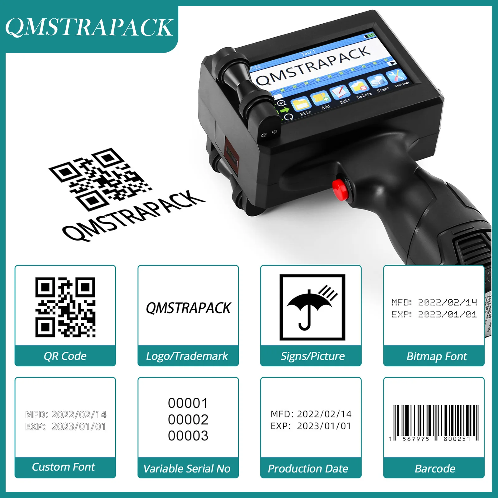 휴대용 핸드헬드 잉크젯 프린터, 텍스트 QR 바코드 배치 번호 로고, 만료일 라벨 코딩 기계, 비암호화, 12.7mm 