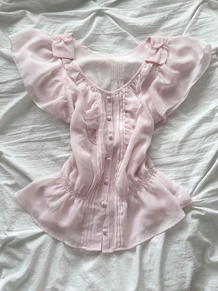 

Sweet Ele Pink irt Women's Slim Fit Retro Design Top Waist Cinching Slimming Korean Sle Button up Cotton Blend Spring