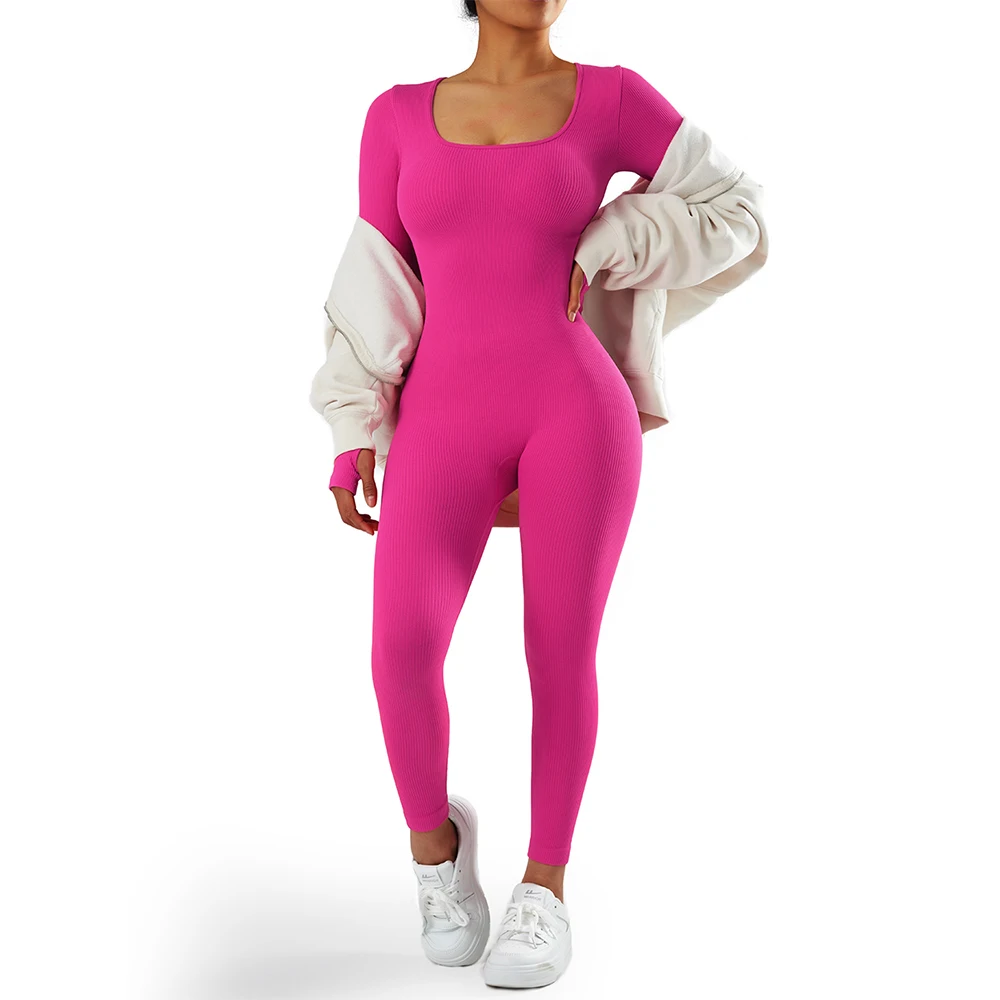 RUUHEE One Piece Jumpsuits Yoga Sets Bodysuit Women Tummy Control Fitness Workout  Tracksuit Ribbed Long Sleeve Sportswear Women