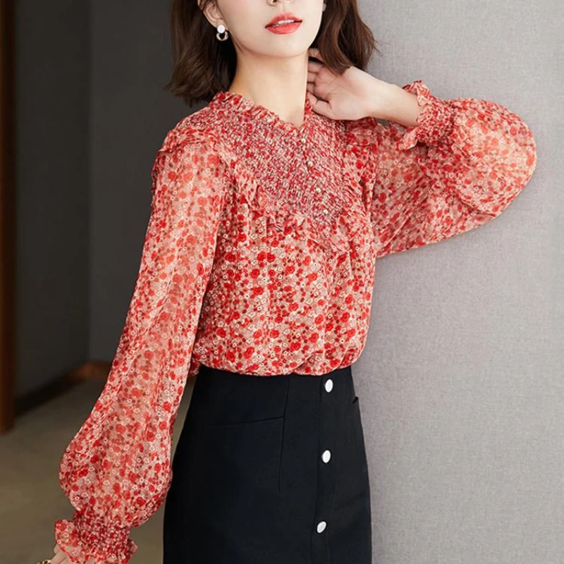 Temperament Spring Pullover Women\'s V-Neck Print Ruffles Button Lantern Sleeve Fashion Office Lady VersatileChiffon Shirt Tops