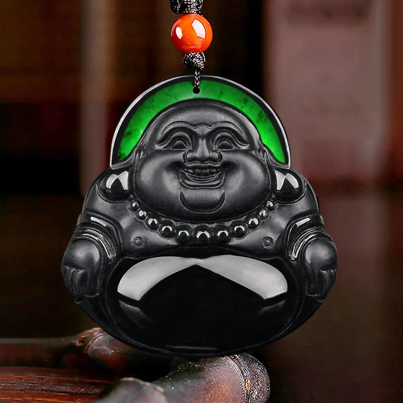 

Natural A-grade Jade Pendant Ink Jade Maitreya Buddha Pendant Ice Jade Ink Jade Laughing Buddha High Grade Female Pendant