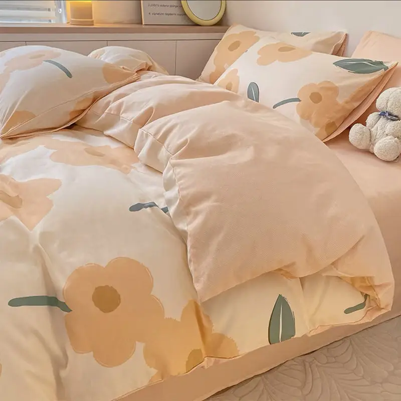 Floral Orange Duvet Cover Set Flat Sheet Pillowcase No Filler Fashion New Single Full Size Girls Boys Dormitory Home Bedding Kit