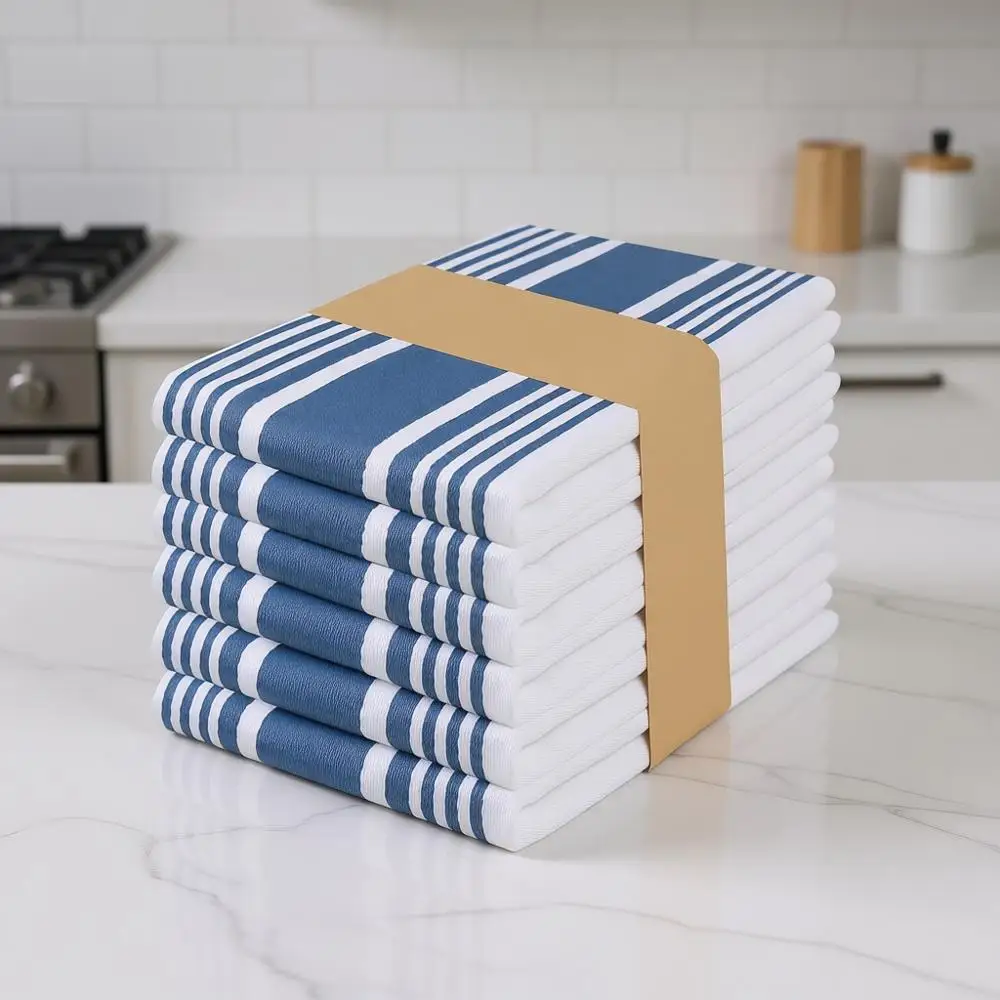 

Set of 6 Cotton Kitchen Towels, 20x30 Inches, Absorbent Dish Cloths with Loop for Drying and Cleaning - Blue White