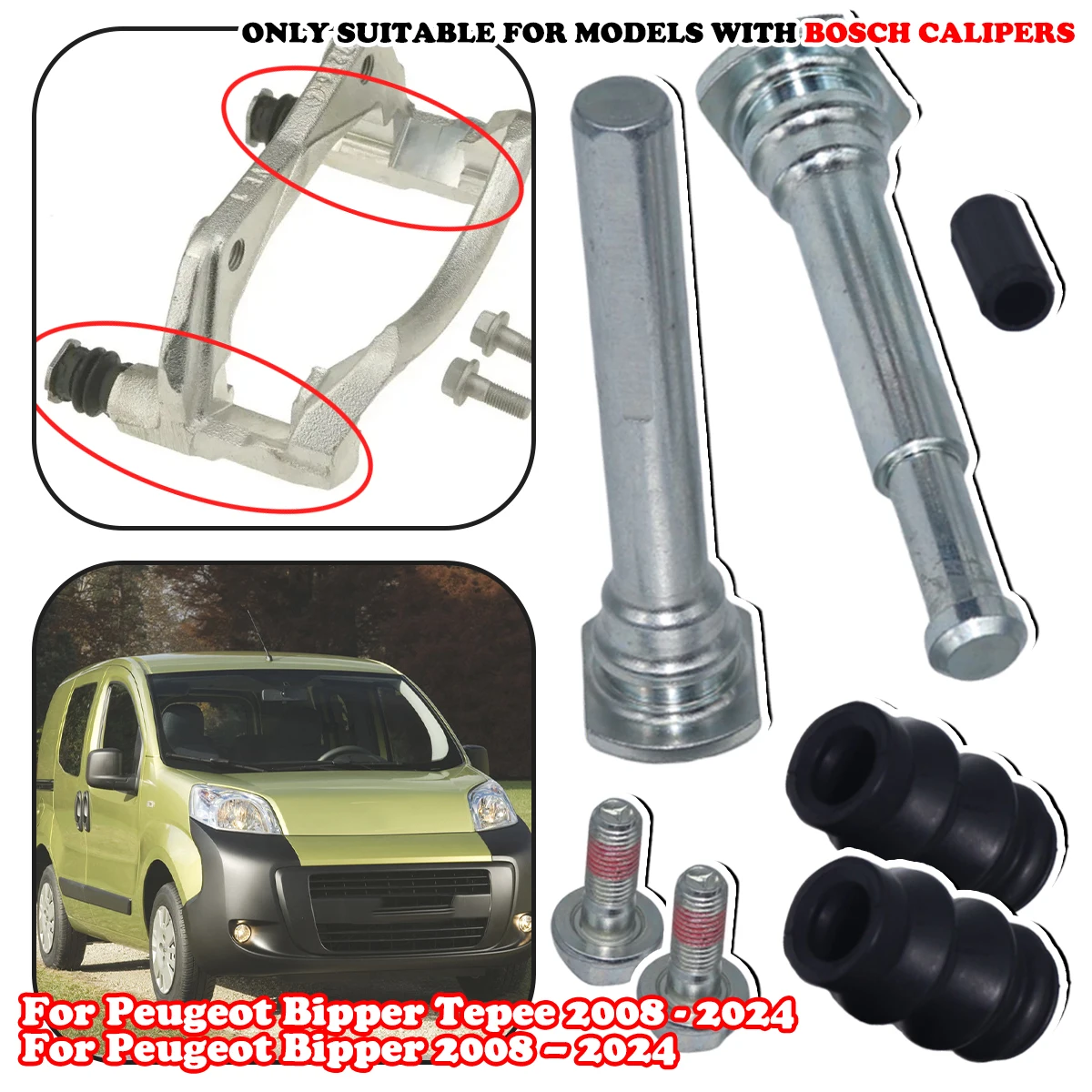

For Peugeot Bipper Tepee 2008-2024 Front Brake Caliper Slider Guide Pins Bolt Kit Left Right Disc Housing Bellows Sleeve Bushing