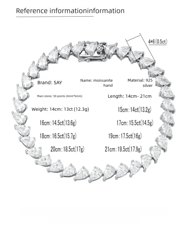 4x6mm D Color Moissanite Tennis Bracelet 925 Sterling Silver Plated White Gold Bracelet for Women Man Sparkling Party Jewelry